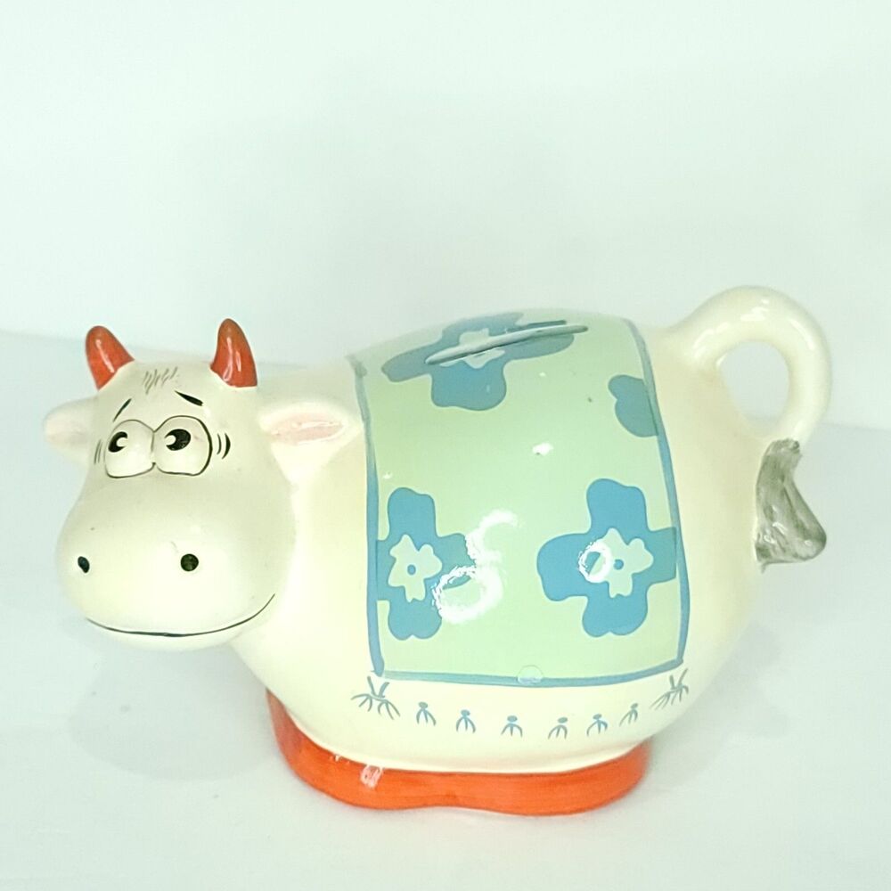 Smiling Cow Piggy Bank With Stopper Ceramic Blue Flowers 5" Tall